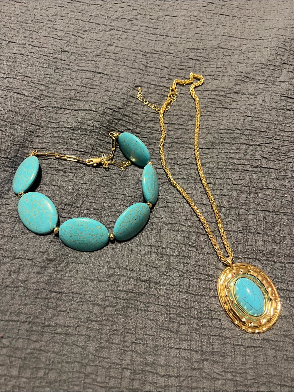 Gold Chain Pendant Necklace and Turquoise Bead Bracelet Set
